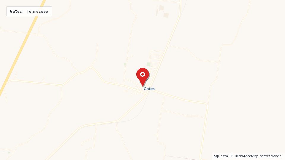 Street map of Gates, Tennessee with location pin