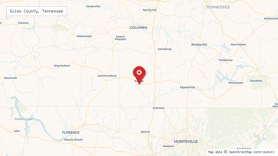 Street map of Giles County, Tennessee with location pin