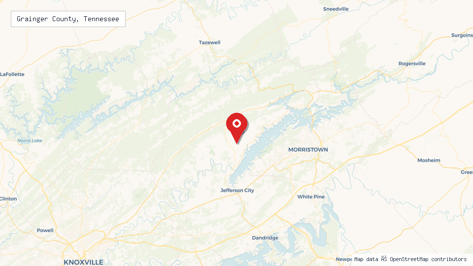 Street map of Grainger County, Tennessee with location pin