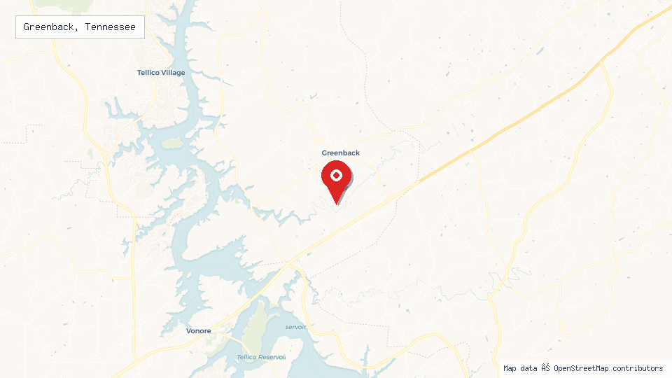 Street map of Greenback, Tennessee with location pin