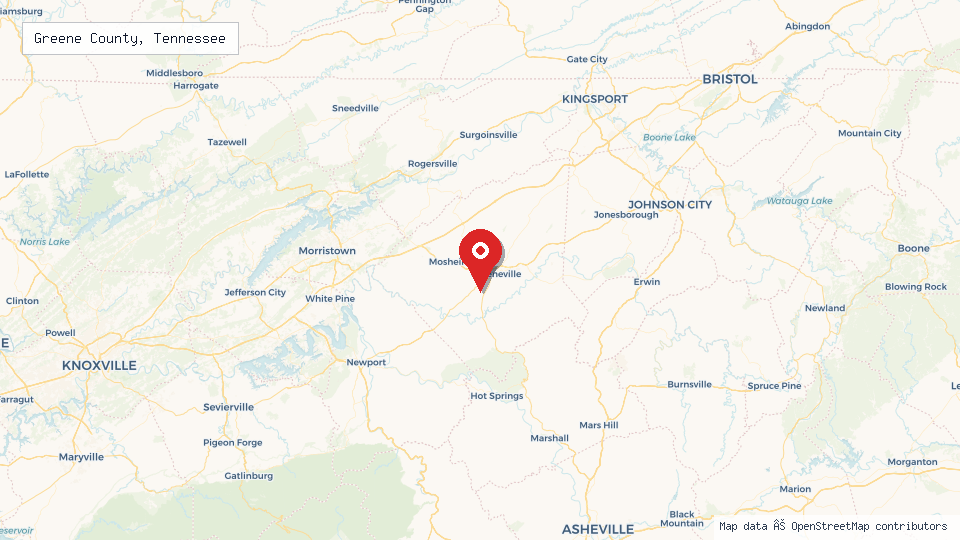 Street map of Greene County, Tennessee with location pin