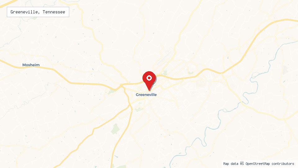 Street map of Greeneville, Tennessee with location pin