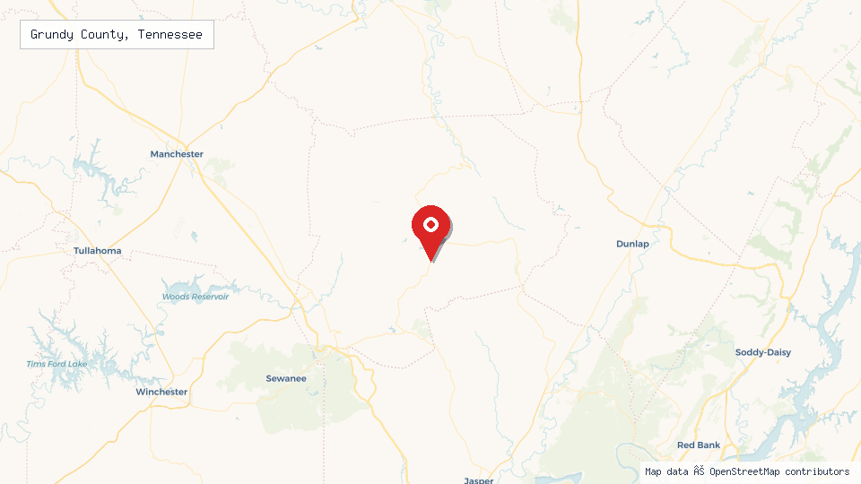Street map of Grundy County, Tennessee with location pin