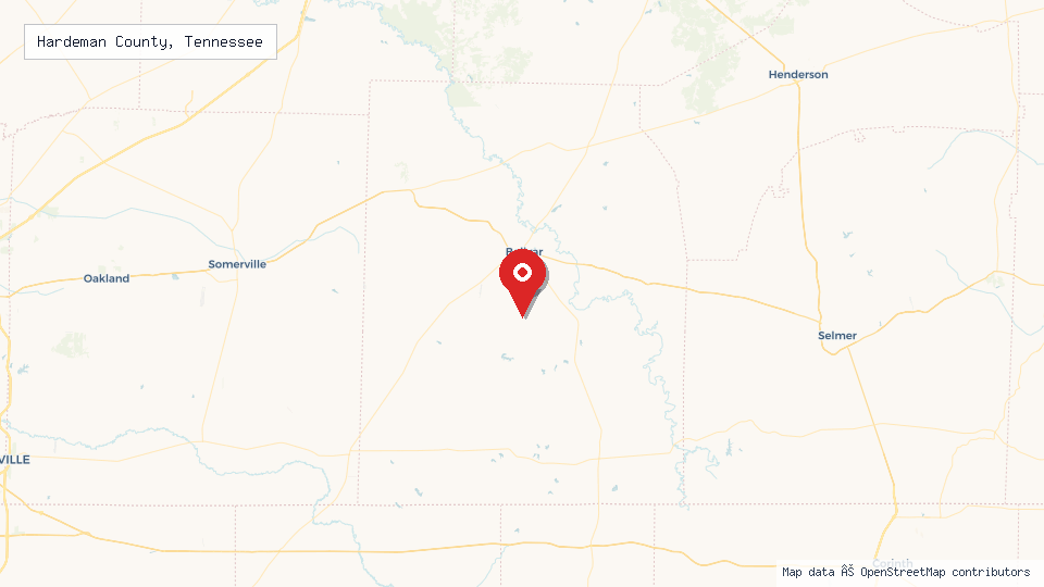 Street map of Hardeman County, Tennessee with location pin