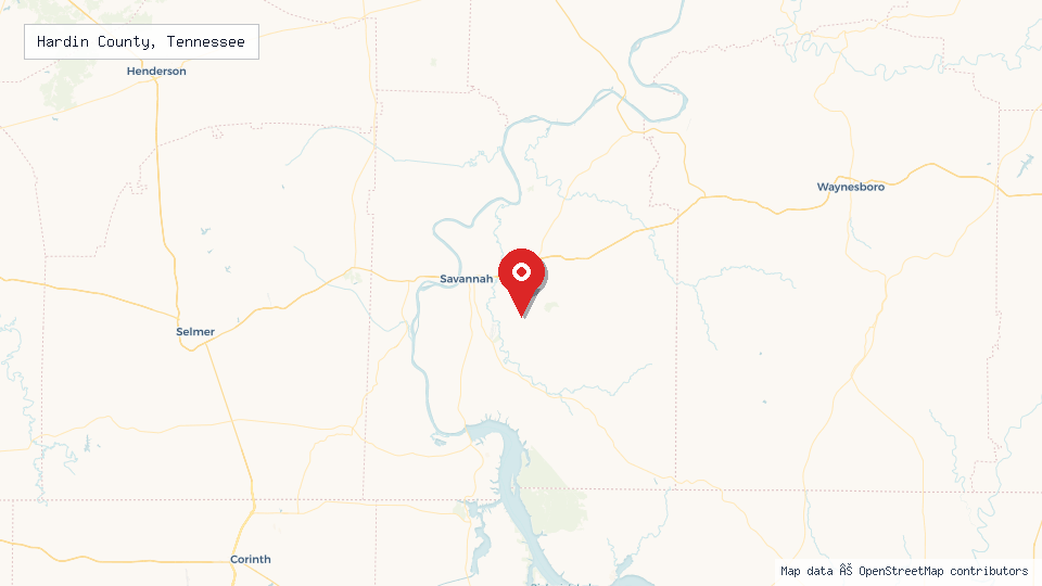 Street map of Hardin County, Tennessee with location pin