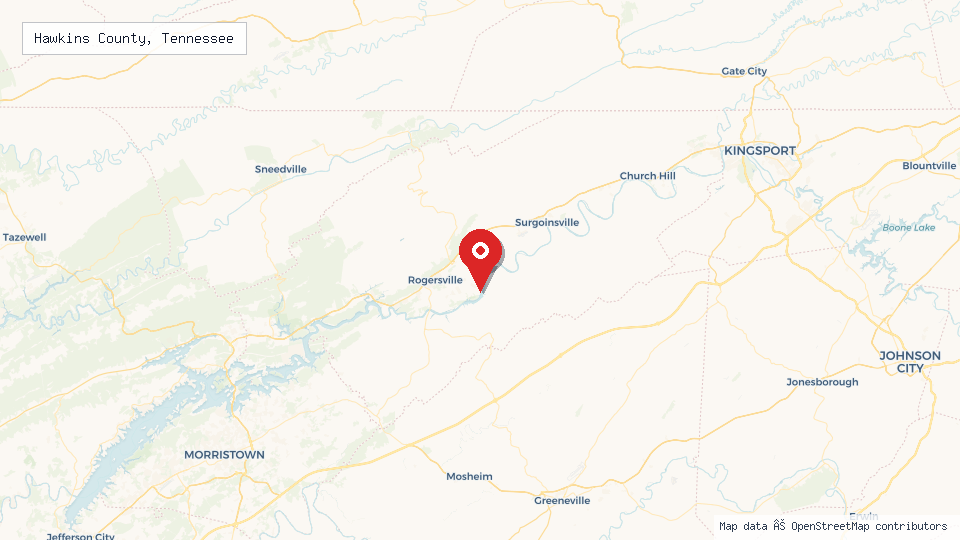 Street map of Hawkins County, Tennessee with location pin