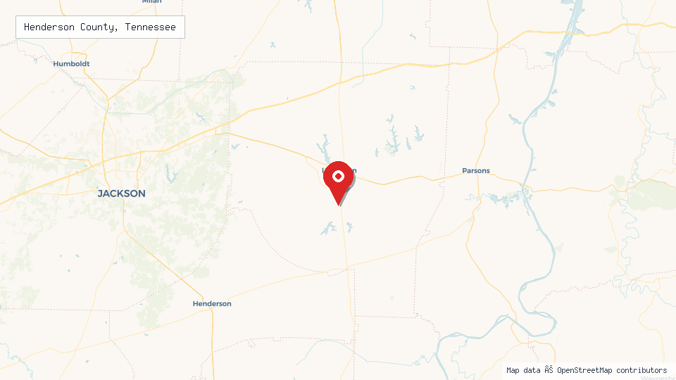 Street map of Henderson County, Tennessee with location pin