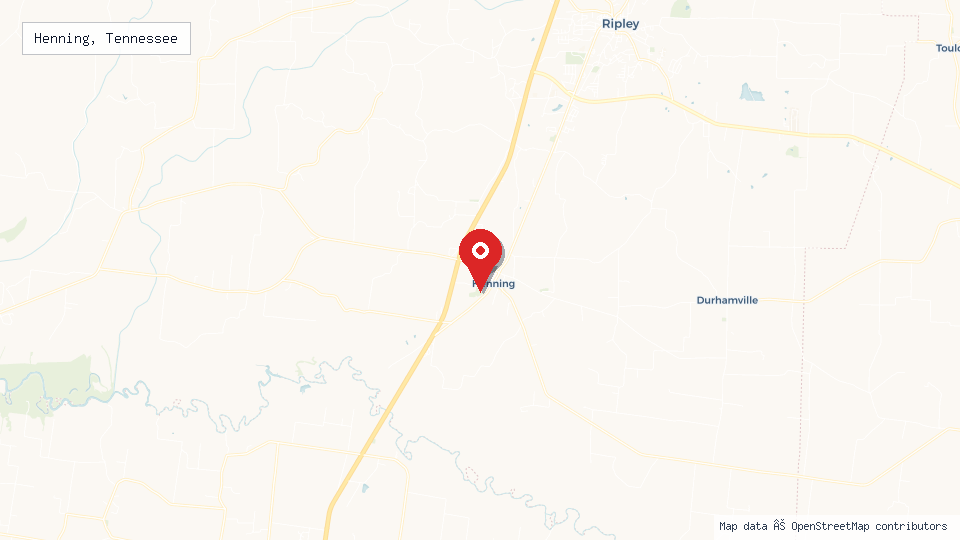 Street map of Henning, Tennessee with location pin