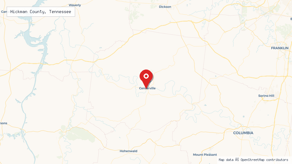 Street map of Hickman County, Tennessee with location pin