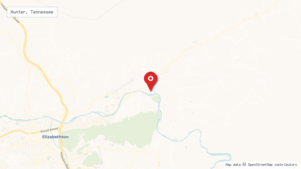 Street map of Hunter, Tennessee with location pin