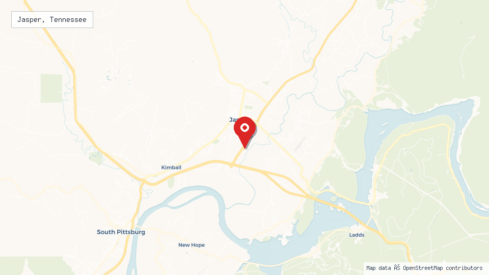 Street map of Jasper, Tennessee with location pin