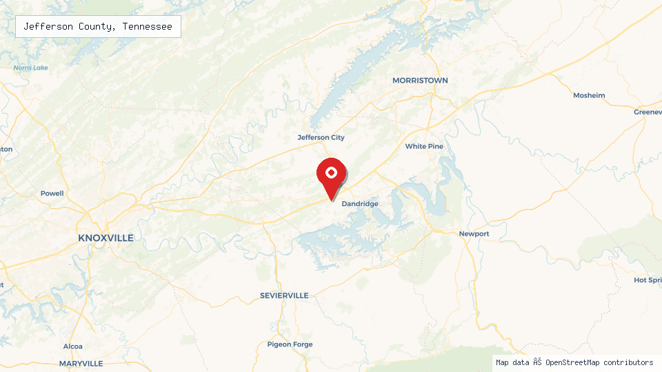 Street map of Jefferson County, Tennessee with location pin