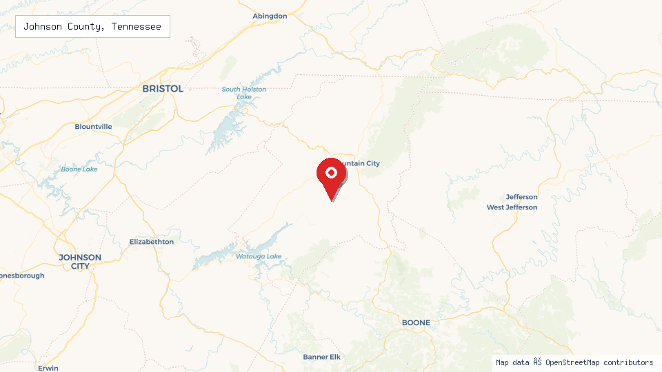 Street map of Johnson County, Tennessee with location pin