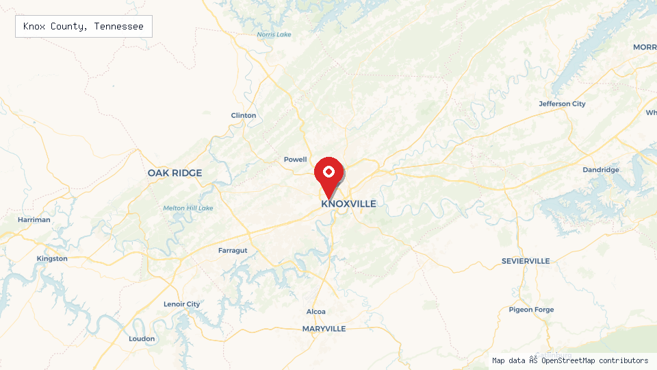 Street map of Knox County, Tennessee with location pin