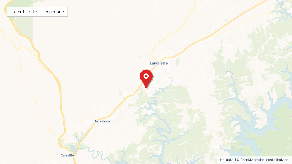 Street map of La Follette, Tennessee with location pin