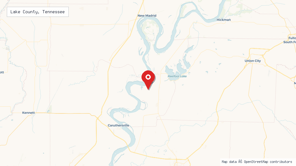 Street map of Lake County, Tennessee with location pin