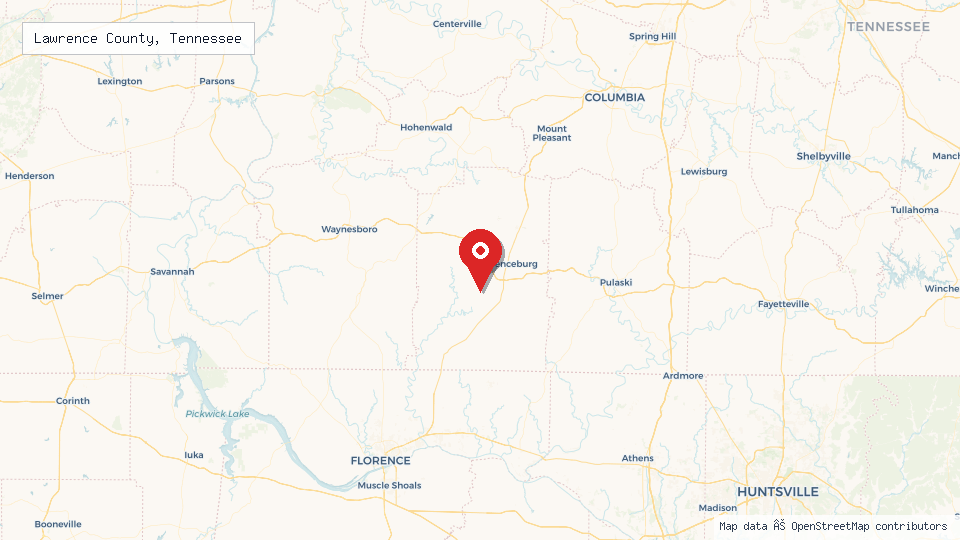Street map of Lawrence County, Tennessee with location pin
