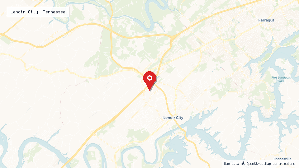 Street map of Lenoir City, Tennessee with location pin