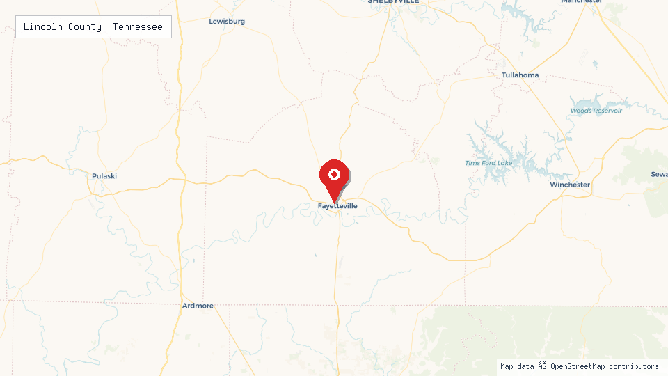 Street map of Lincoln County, Tennessee with location pin