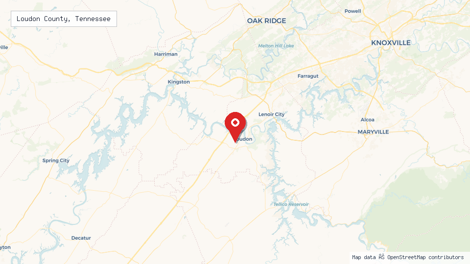 Street map of Loudon County, Tennessee with location pin