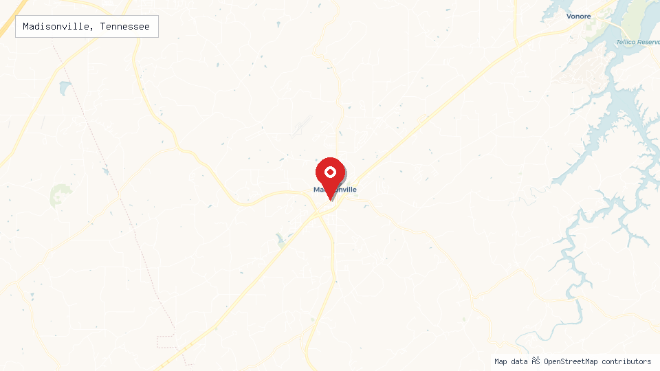 Street map of Madisonville, Tennessee with location pin