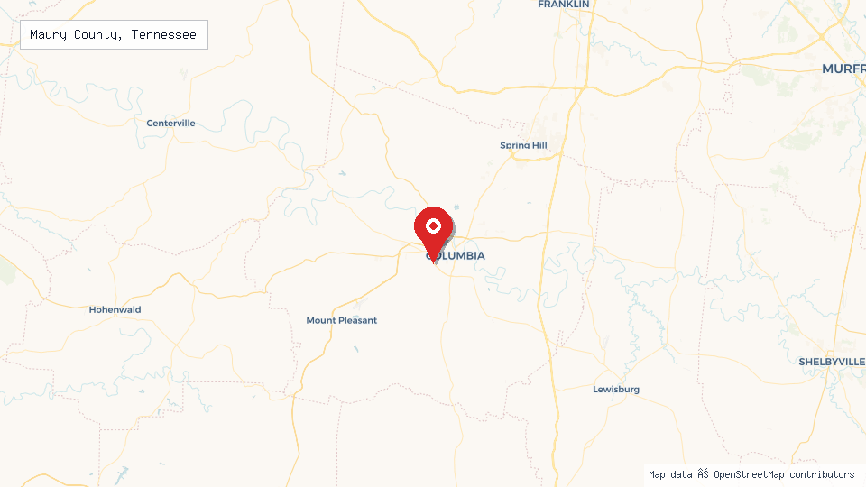Street map of Maury County, Tennessee with location pin
