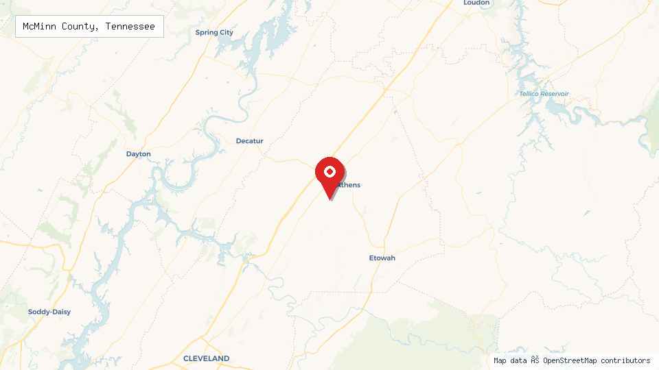 Street map of McMinn County, Tennessee with location pin