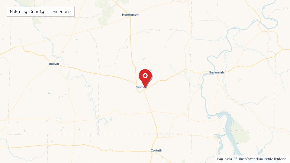 Street map of McNairy County, Tennessee with location pin