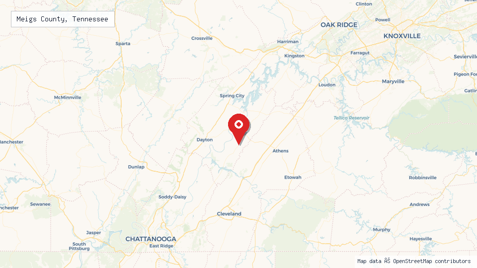 Street map of Meigs County, Tennessee with location pin