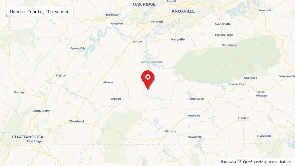 Street map of Monroe County, Tennessee with location pin