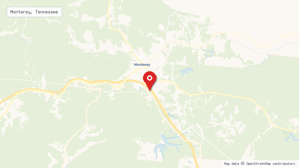 Street map of Monterey, Tennessee with location pin