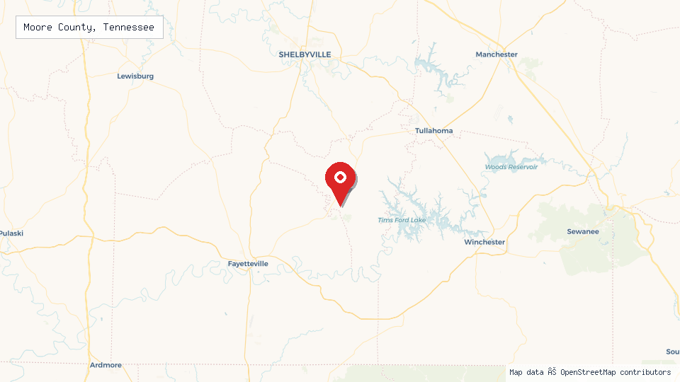 Street map of Moore County, Tennessee with location pin