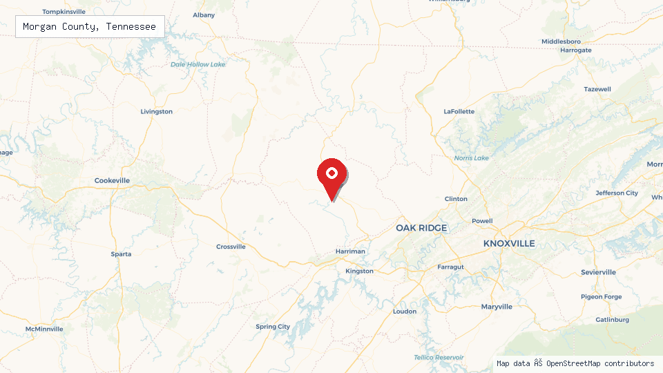 Street map of Morgan County, Tennessee with location pin