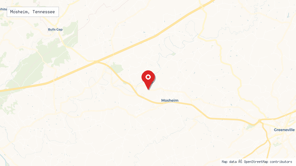Street map of Mosheim, Tennessee with location pin