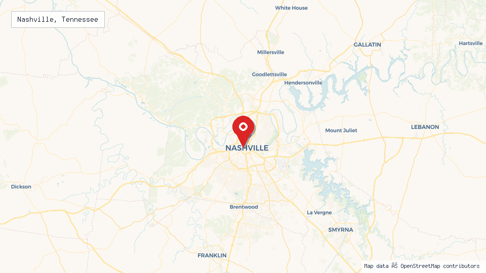 Street map of Nashville, Tennessee with location pin