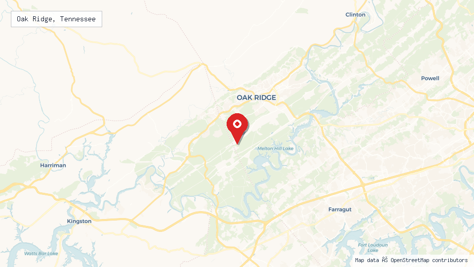 Street map of Oak Ridge, Tennessee with location pin