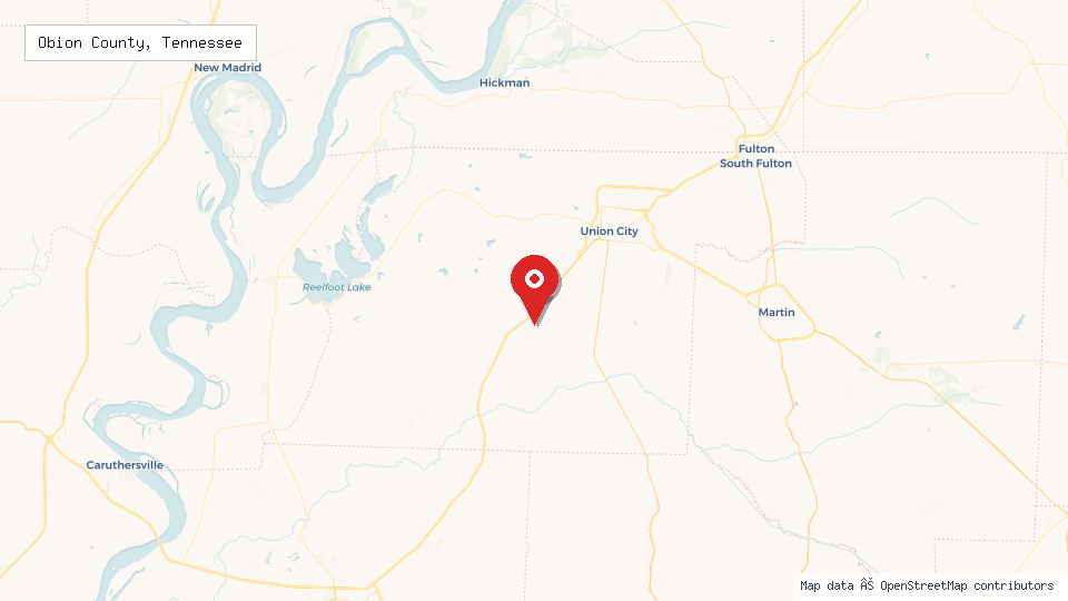 Street map of Obion County, Tennessee with location pin