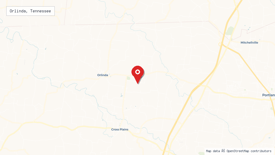 Street map of Orlinda, Tennessee with location pin
