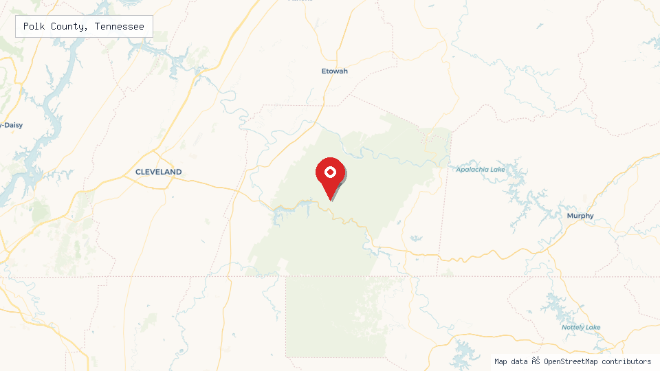 Street map of Polk County, Tennessee with location pin