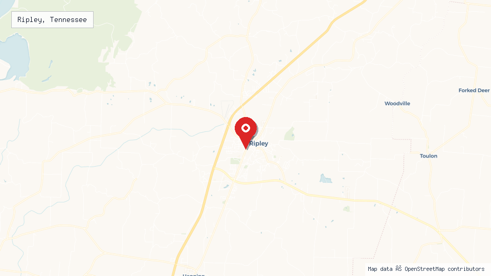 Street map of Ripley, Tennessee with location pin