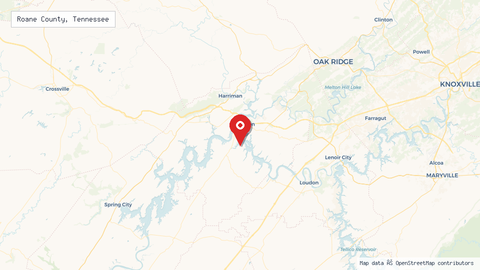 Street map of Roane County, Tennessee with location pin