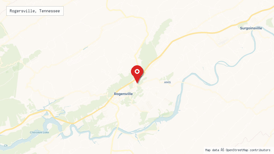Street map of Rogersville, Tennessee with location pin