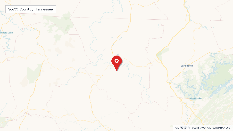 Street map of Scott County, Tennessee with location pin