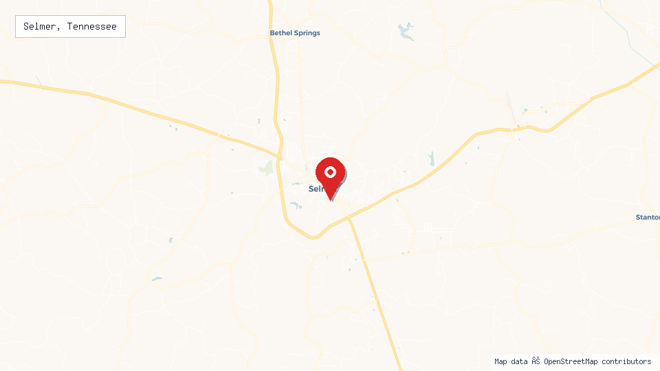 Street map of Selmer, Tennessee with location pin