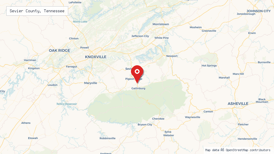 Street map of Sevier County, Tennessee with location pin
