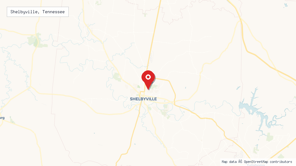 Street map of Shelbyville, Tennessee with location pin
