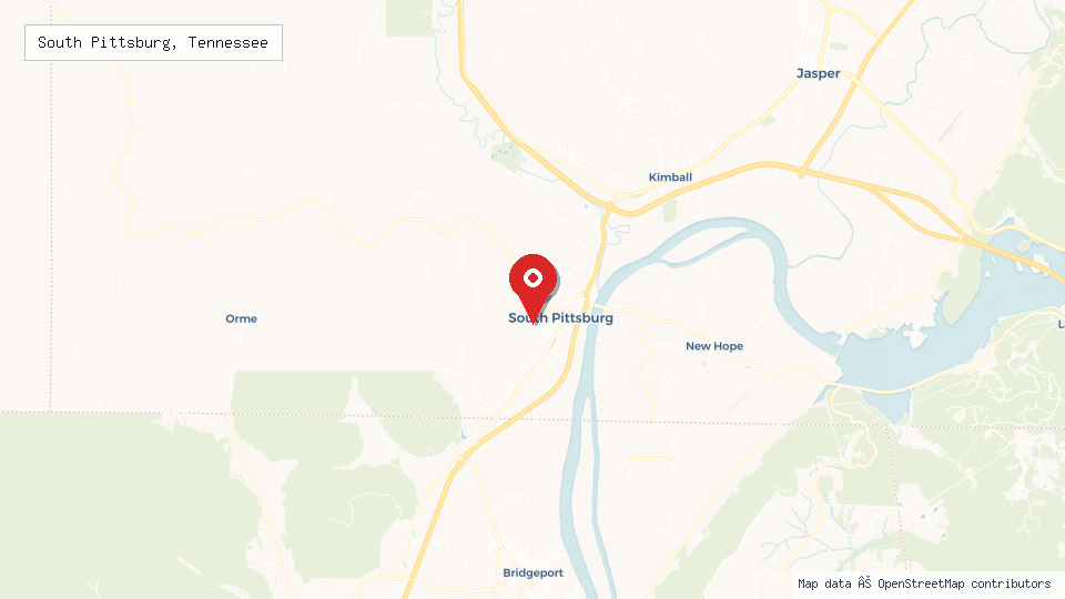 Street map of South Pittsburg, Tennessee with location pin