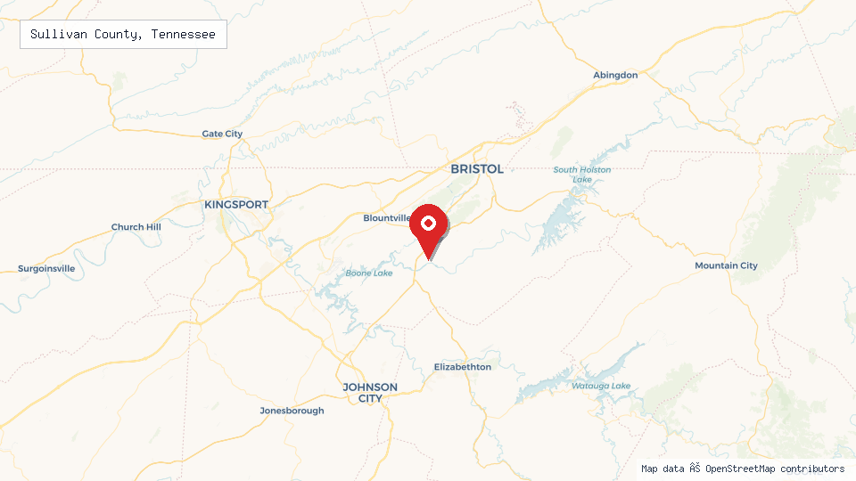 Street map of Sullivan County, Tennessee with location pin