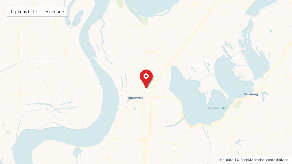 Street map of Tiptonville, Tennessee with location pin
