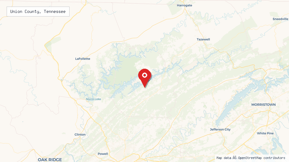 Street map of Union County, Tennessee with location pin